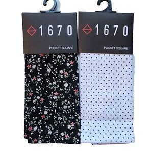 2-Pack, 1670 Pocket Squares White with Polka Dots & Black Floral Print, Cotton